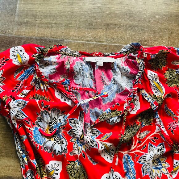 LOFT Red Floral Midi Dress Size Small | Ruffle Sleeve Boho Fit & Flare - Picture 8 of 10